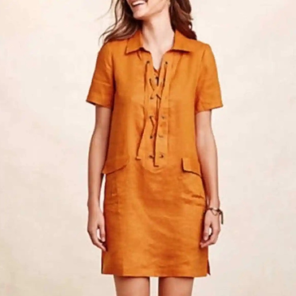 MAEVE, Orange Lace-Up Linen Tunic Dress